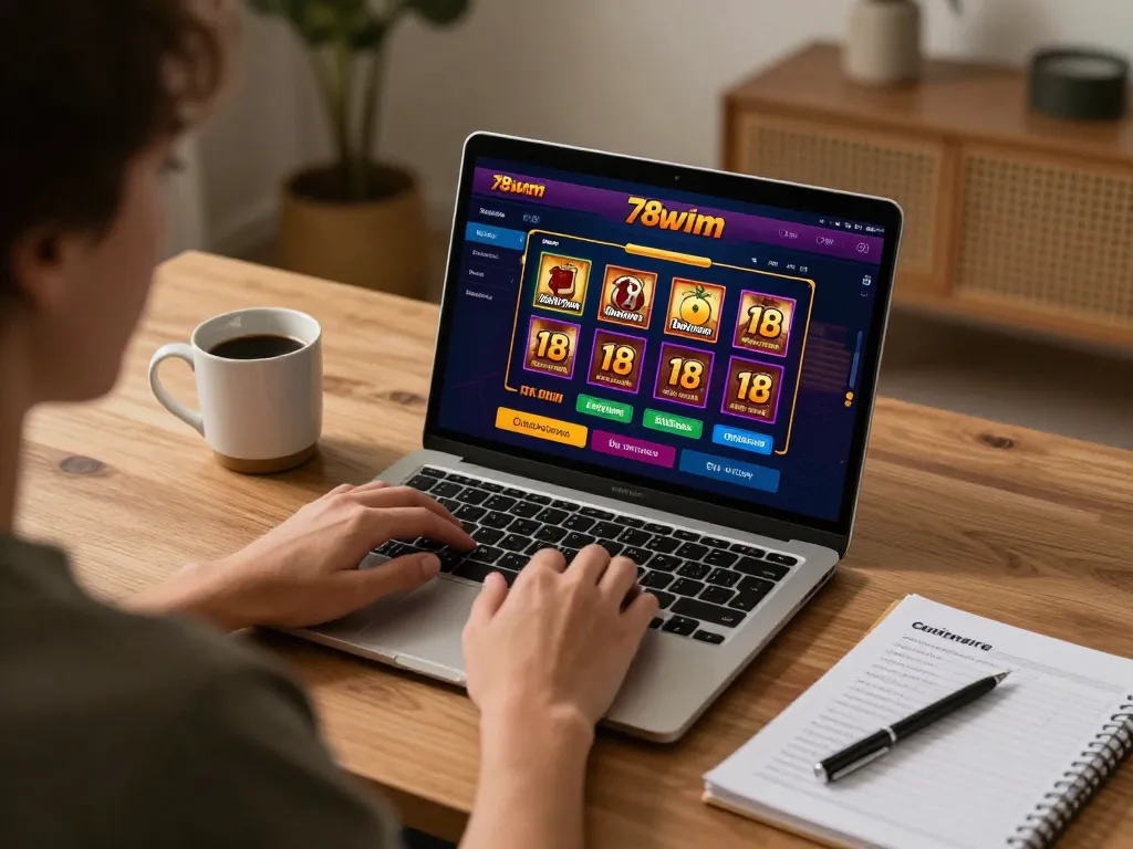 Engaging in online gaming at 78wim with a laptop showcasing betting options and strategy notes.