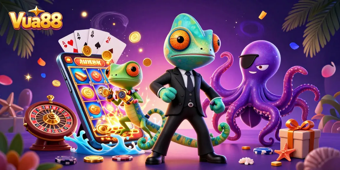 Spin colorful slot games with Vua88's exciting gambling experience featuring vibrant characters and action.