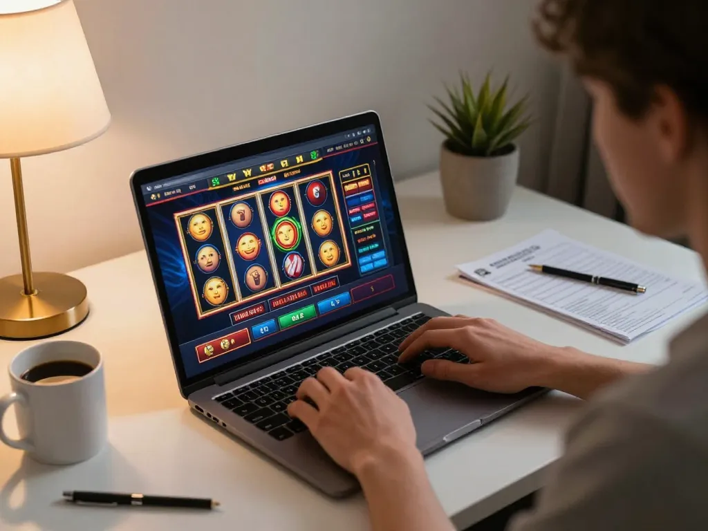 Engage in exciting online gaming at https://789winn.click/ with vibrant slot reels visible on laptop.