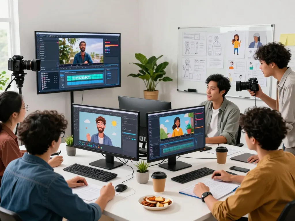 Creative team using seedance ai for innovative video production in a modern workspace.