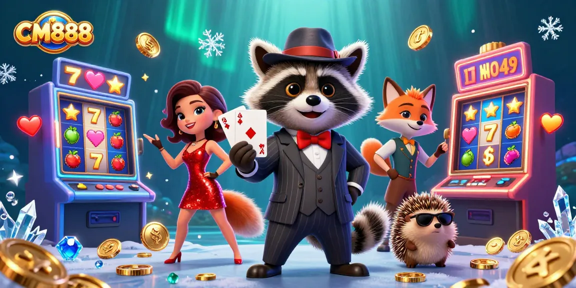 Experience the excitement of CM888 with a raccoon in tux holding a royal flush at a vibrant casino.