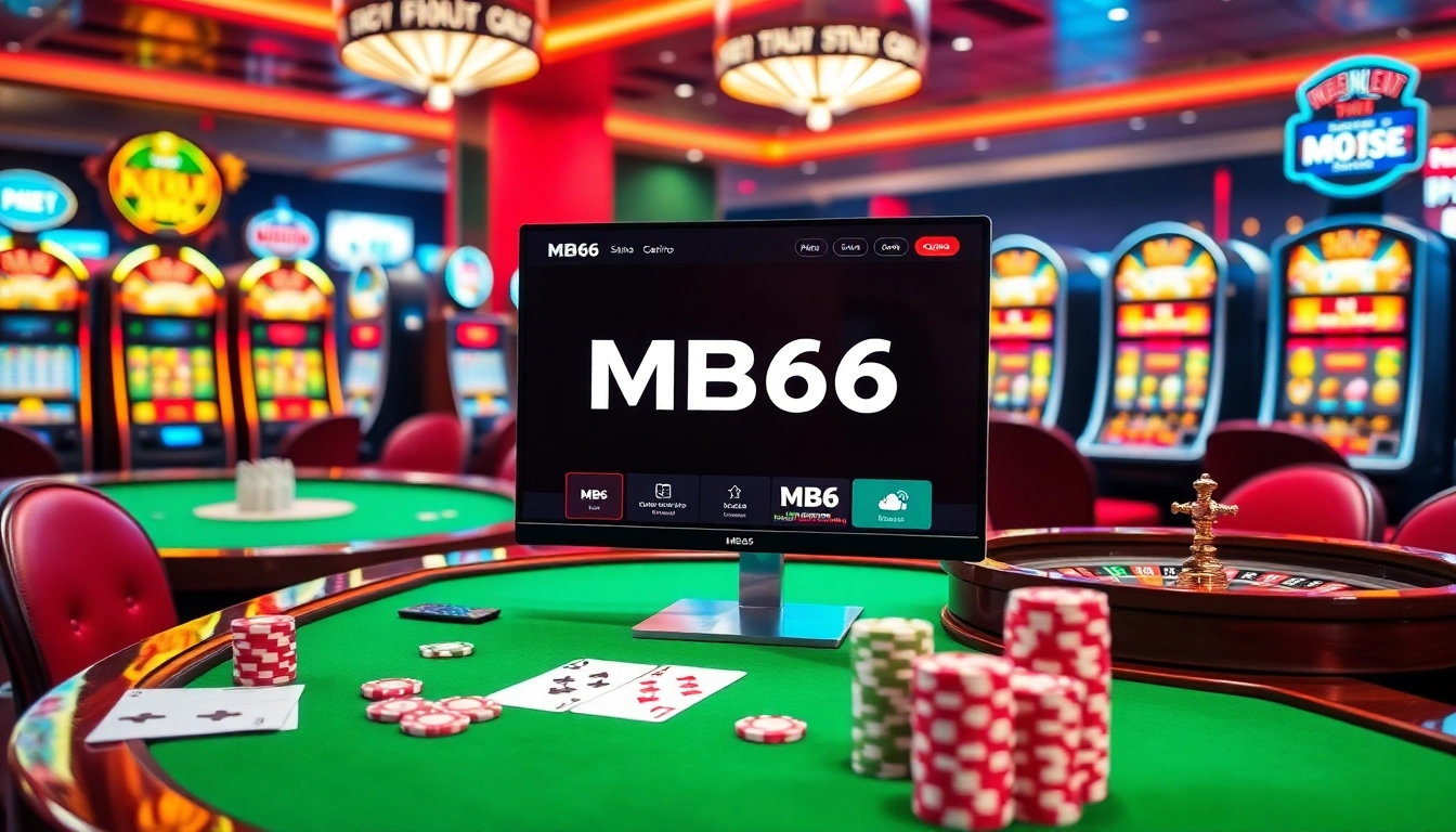 Join the excitement of MB66 online gambling with professional casino tables and vibrant gaming elements.