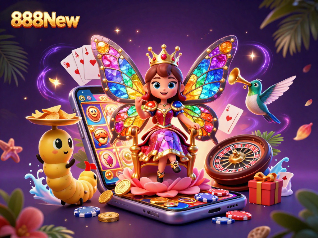 Play exciting slot games and win with 888New's vibrant 3D casino illustration featuring a butterfly queen.