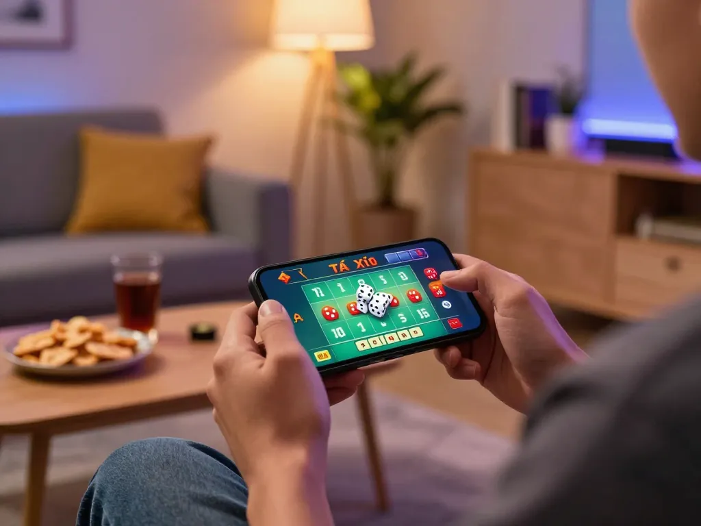 Engaging gameplay of tài xỉu online on smartphone in a cozy living room setting.