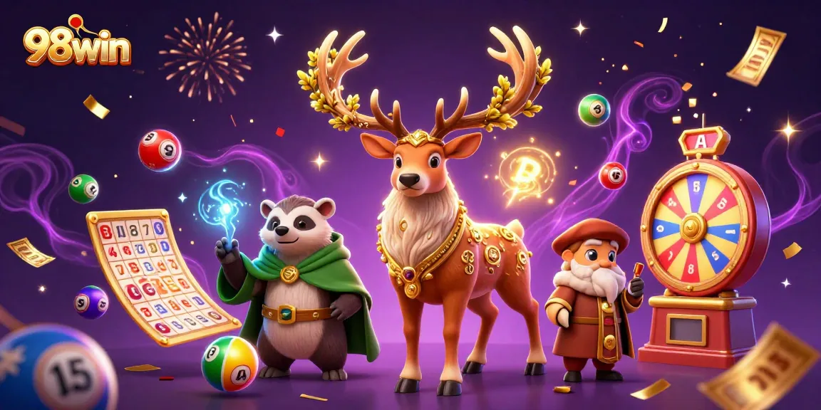 Experience the excitement of 98win with animated lottery elements and a vibrant casino atmosphere.