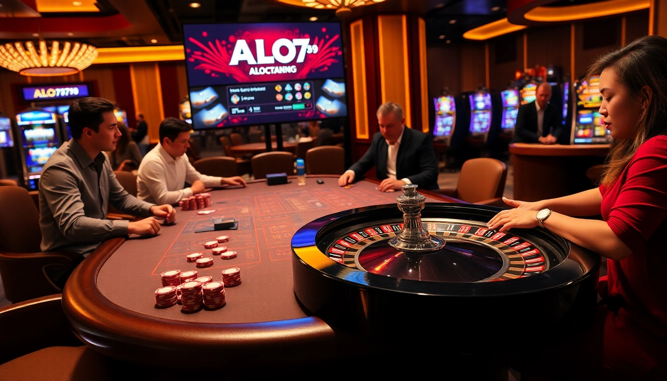 A casino scene with ALO789 branding, showcasing players at a luxurious poker table and vibrant slot machines.