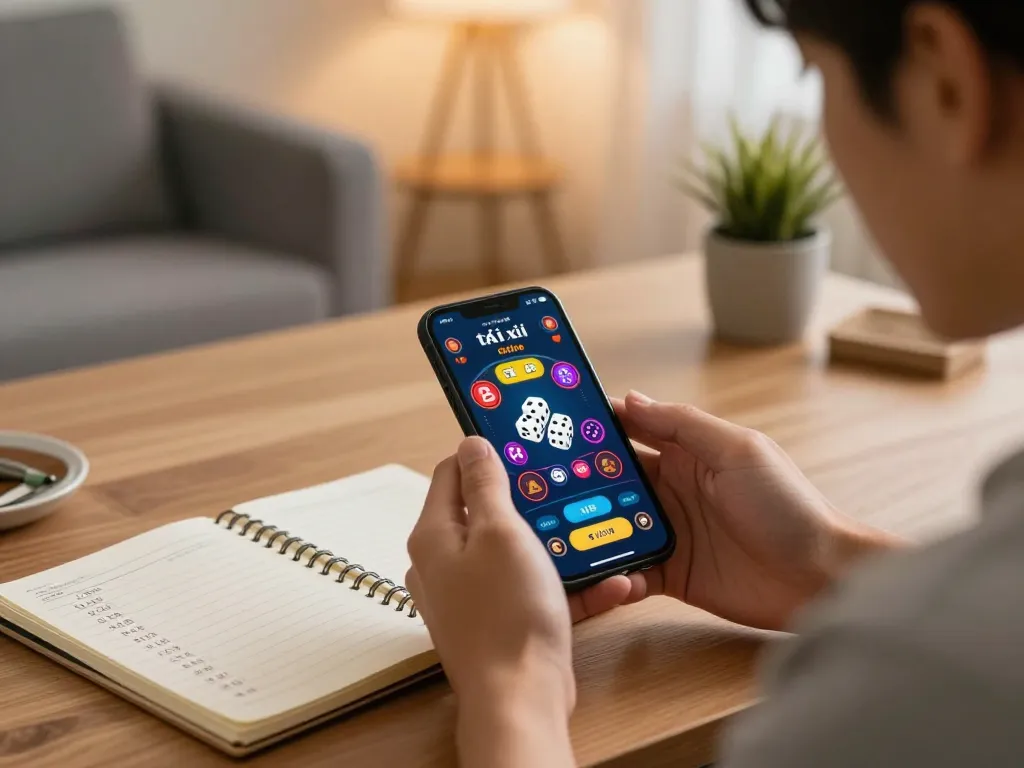 Engaging in tài xỉu online gaming on a smartphone, revealing exciting betting strategies and live dice rolls.