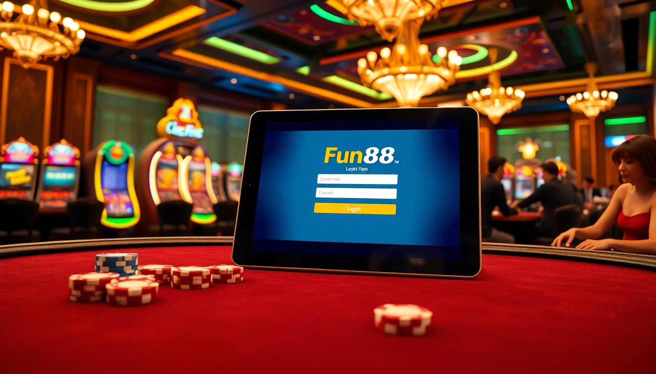 Visualize a captivating casino scene with a Fun88 login interface, poker table, and vibrant gaming atmosphere.