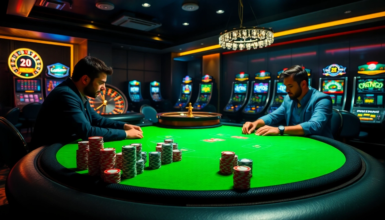 A thrilling poker scene at 789win com with colorful chips, a spinning roulette wheel, and slot machines.
