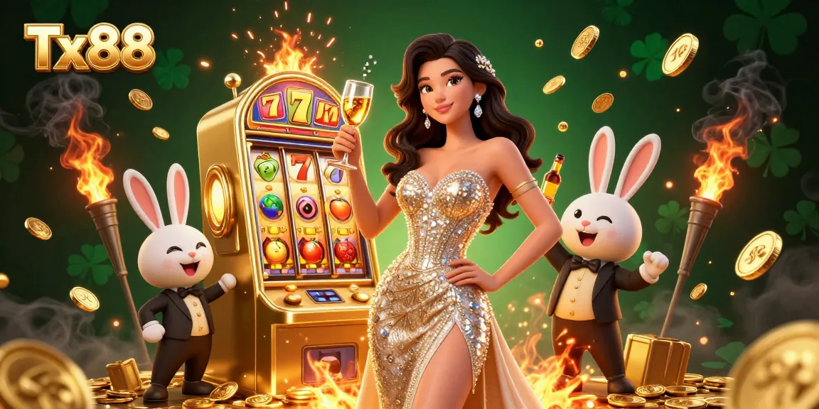 Experience the thrill of Tx88 with a stunning golden jackpot slot machine and sparkling casino elements.
