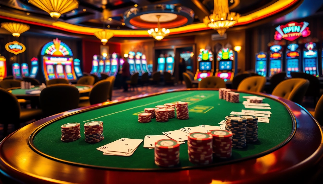 Experience the thrill of winning at sun win with a captivating casino scene featuring poker and roulette tables.