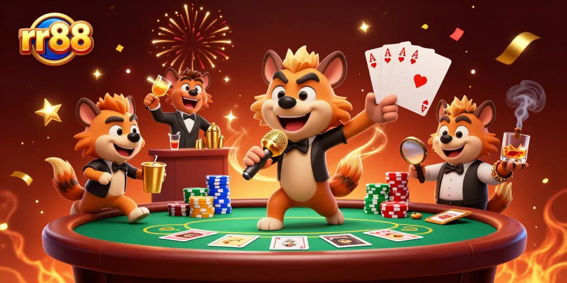 Experience thrilling gaming at rr88 casino with laughter from hyenas under vibrant confetti.