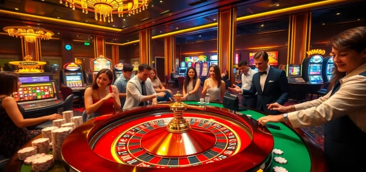 Excited players engage at the ww88 roulette table amidst a vibrant casino atmosphere.
