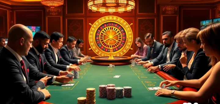 Players enjoying a thrilling poker game at sv88s.pro's luxurious casino table.