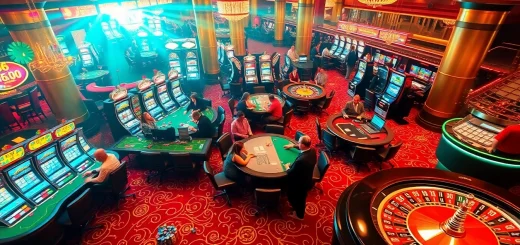 Experience the vibrant casino atmosphere at tr88 com, showcasing poker tables and slot machines.