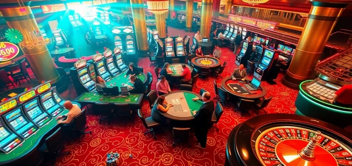 Experience the vibrant casino atmosphere at tr88 com, showcasing poker tables and slot machines.