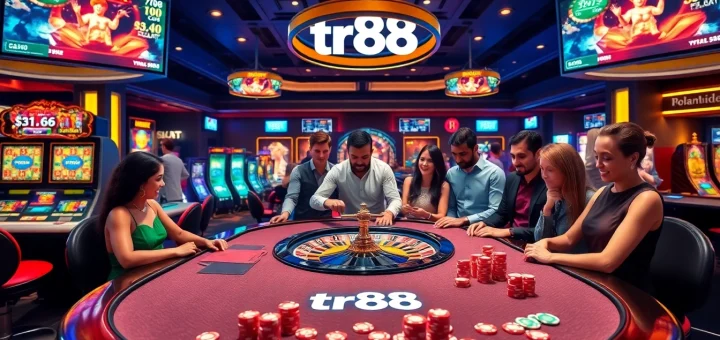 Experience the thrill of tr88 with vibrant casino tables and excited gamblers.