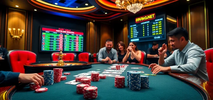 Intensely focused players at a poker table celebrating their wins at 69vn.gb.net casino.