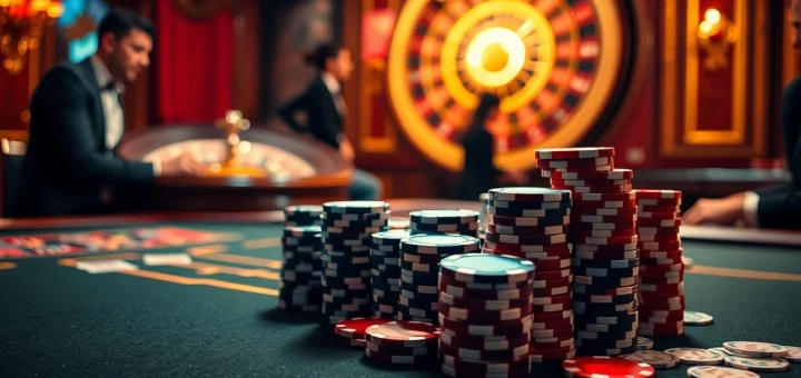 Experience the thrill of vv jl at a vibrant casino table stacked with chips and cards.