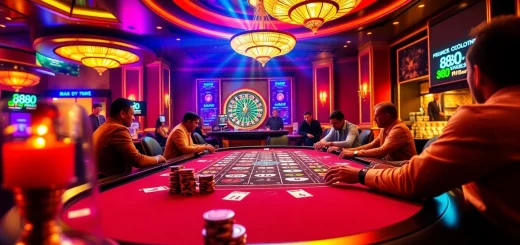 Excited players placing bets at a luxurious casino poker table while showcasing the 888vnd currency.