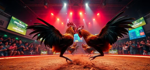 Live cockfighting match at dagawin.live, showcasing intense competition and excitement.