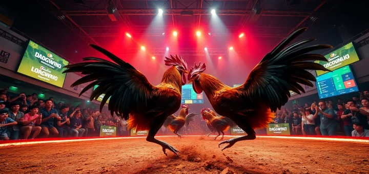 Live cockfighting match at dagawin.live, showcasing intense competition and excitement.