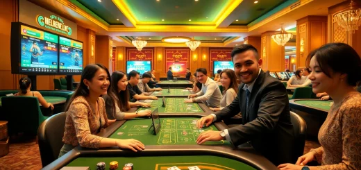 Experience the excitement of tk88win.live with players enjoying various games at a luxurious online casino setting.