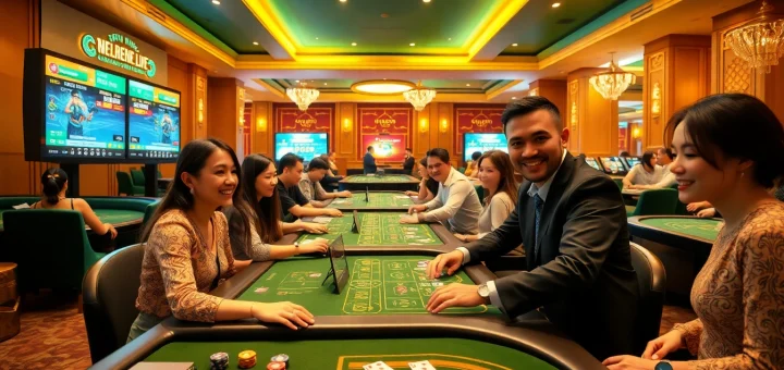Experience the excitement of tk88win.live with players enjoying various games at a luxurious online casino setting.
