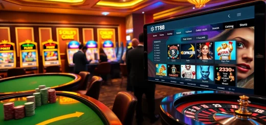 Engaging gamblers in a vibrant TT88 online casino with poker tables and slot machines.