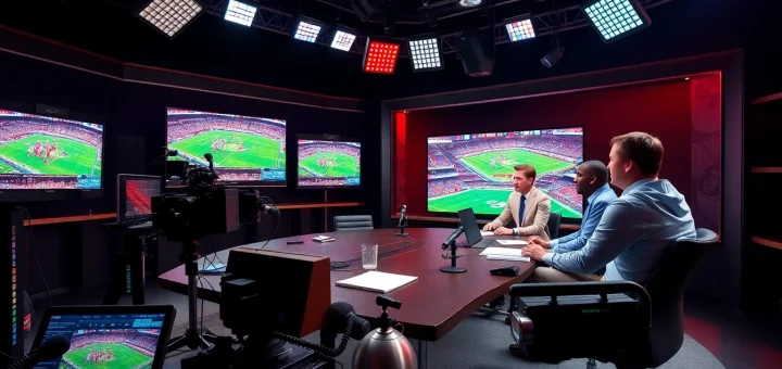 Engaging moment in sports broadcasting with dynamic presenters and technology in a modern studio.