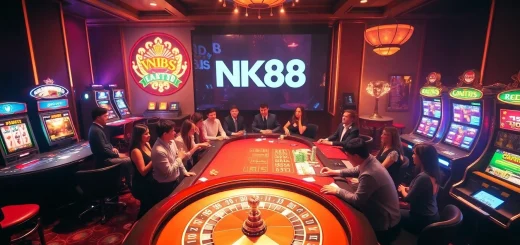 Excited players engaging in a lively casino scene at https://nk88s.net/ with vibrant roulette and poker tables.