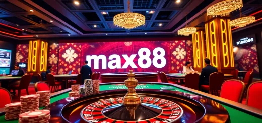 Experience the excitement of nhà cái max88 with players at a vibrant casino table featuring poker chips and roulette.