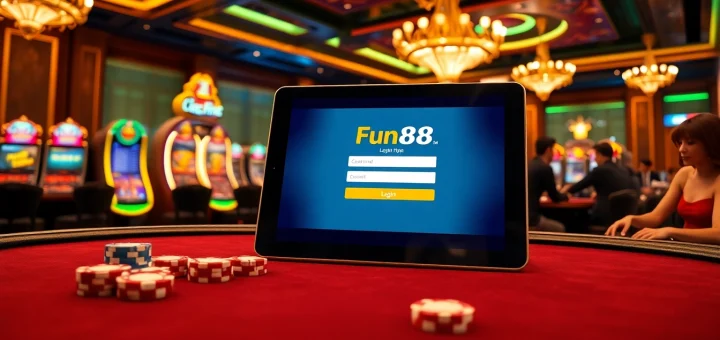 Visualize a captivating casino scene with a Fun88 login interface, poker table, and vibrant gaming atmosphere.