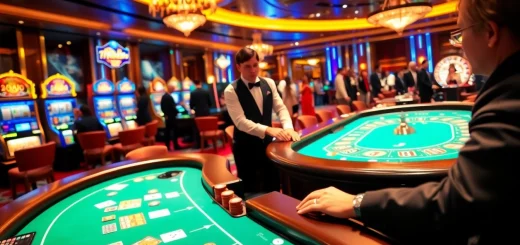Explore the excitement of a j88-themed casino table surrounded by eager players in a luxurious setting.