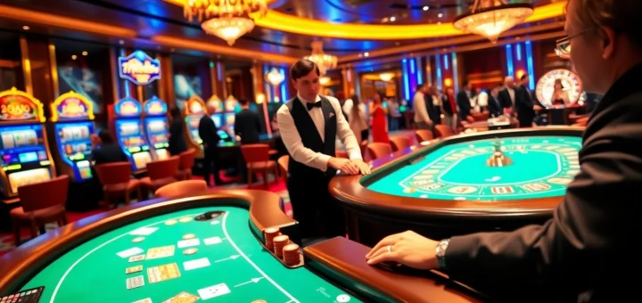 Explore the excitement of a j88-themed casino table surrounded by eager players in a luxurious setting.
